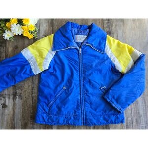 Vintage 70s JCPenney Puffer Jacket Kids Size 10 Blue Yellow Colorblock Coat